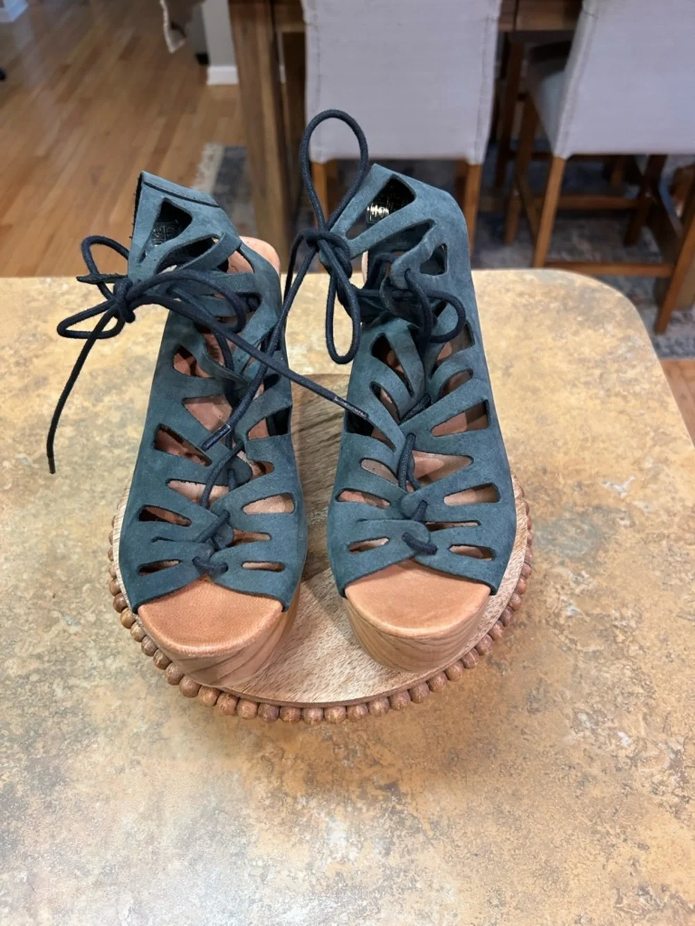 Muse & Cloud Oneka Lace-Up Cutout Suede Retro Wood Platform Sandals
